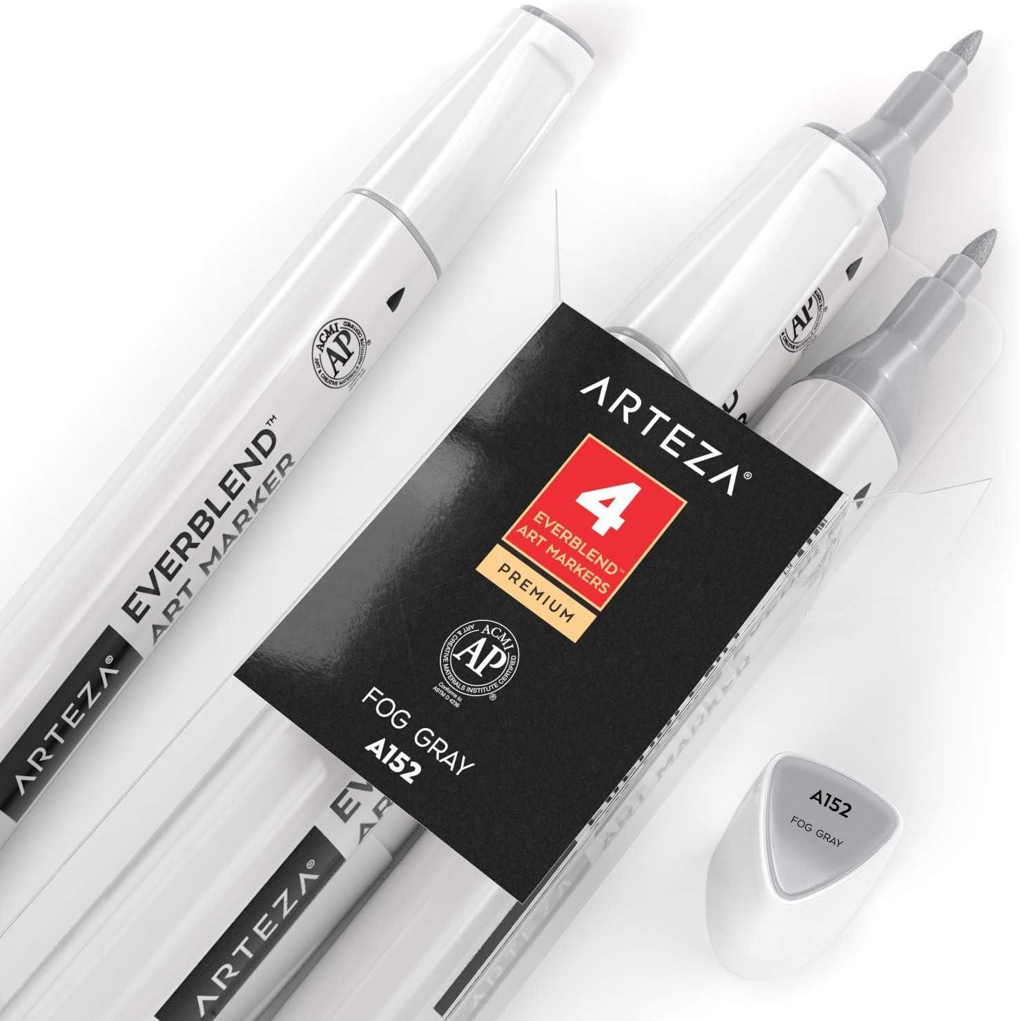 imageArteza EverBlend Art Markers Fluorescent Coral A302 Set of 4 Alcohol Based Sketch Markers with Dual Tips Fine and Broad Chisel for Painting Coloring Sketching and DrawingFog Gray A152 Set of 4