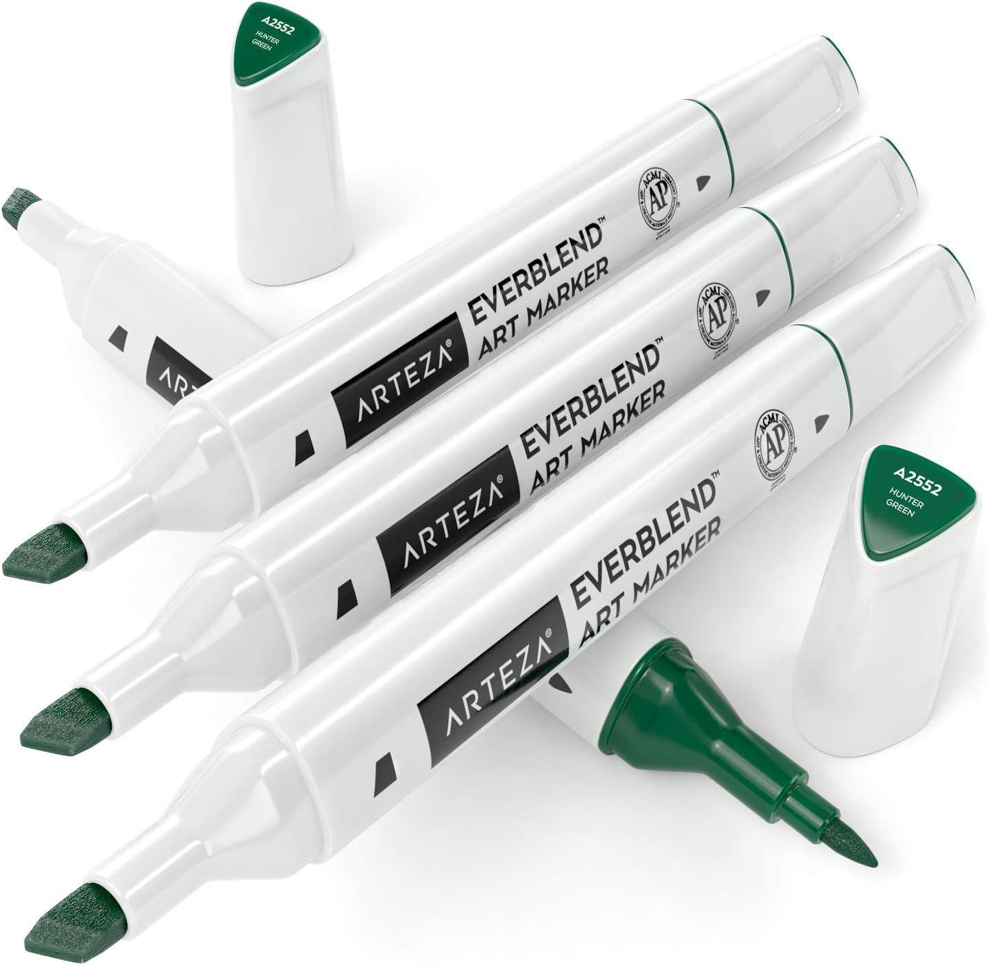 imageArteza EverBlend Art Markers Fluorescent Coral A302 Set of 4 Alcohol Based Sketch Markers with Dual Tips Fine and Broad Chisel for Painting Coloring Sketching and DrawingHunter Green A2552 Set of 4