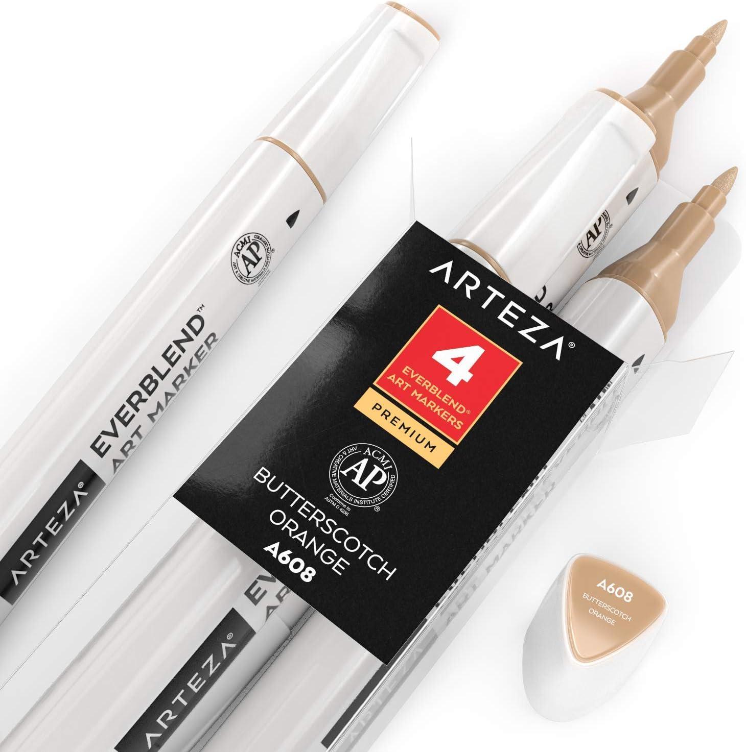 imageArteza EverBlend Art Markers Fluorescent Coral A302 Set of 4 Alcohol Based Sketch Markers with Dual Tips Fine and Broad Chisel for Painting Coloring Sketching and DrawingButterscotch Orange A608