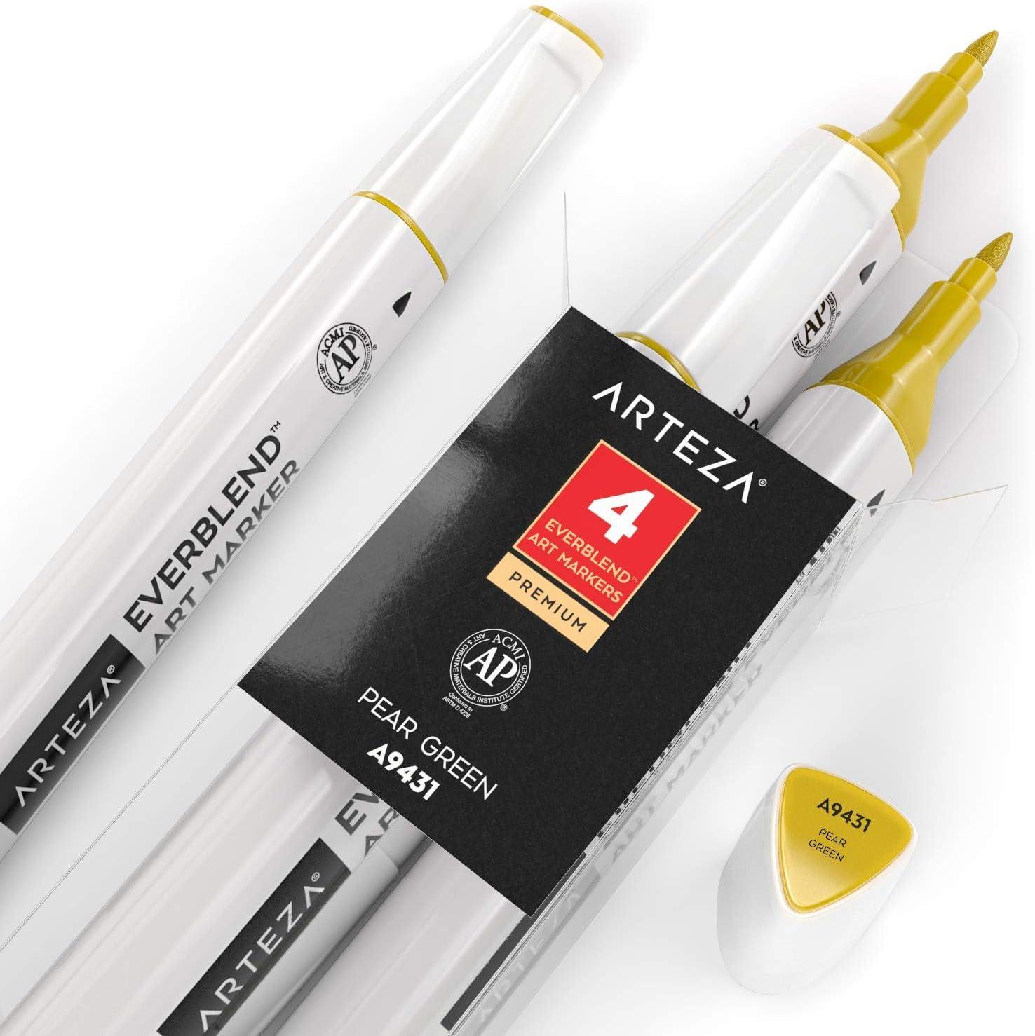 imageArteza EverBlend Art Markers Fluorescent Coral A302 Set of 4 Alcohol Based Sketch Markers with Dual Tips Fine and Broad Chisel for Painting Coloring Sketching and DrawingPear Green A9431 Set of 4