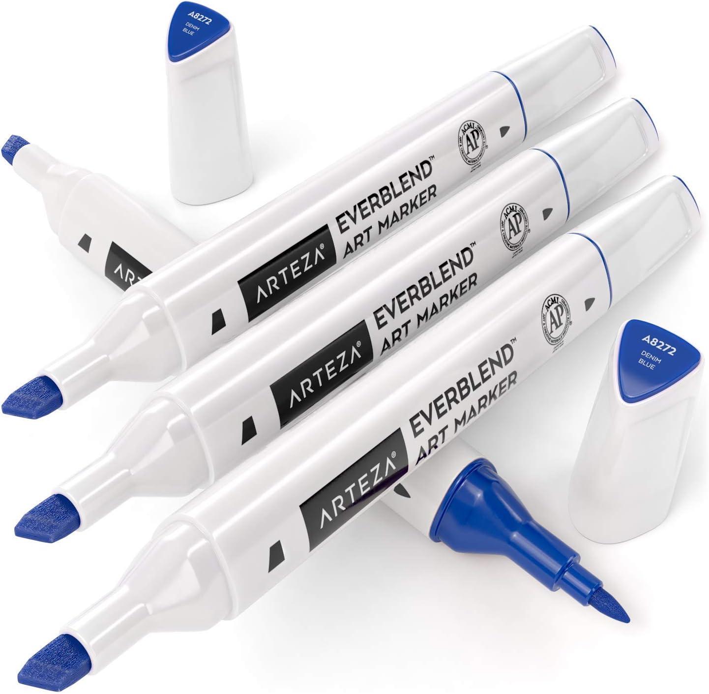 imageArteza EverBlend Art Markers Fluorescent Coral A302 Set of 4 Alcohol Based Sketch Markers with Dual Tips Fine and Broad Chisel for Painting Coloring Sketching and DrawingDenim Blue A8272 Set of 4