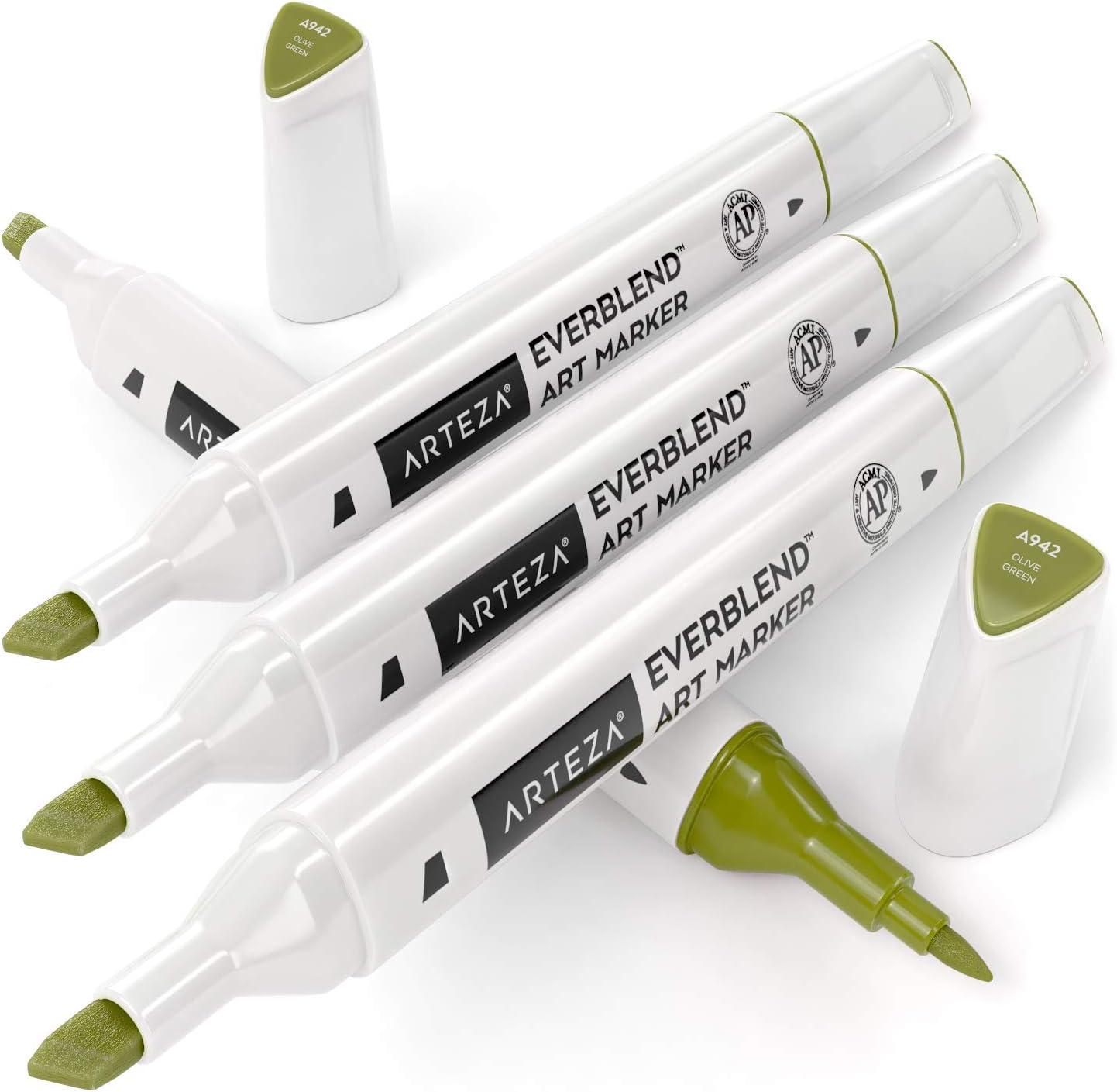imageArteza EverBlend Art Markers Fluorescent Coral A302 Set of 4 Alcohol Based Sketch Markers with Dual Tips Fine and Broad Chisel for Painting Coloring Sketching and DrawingOlive Green A942 Set of 4