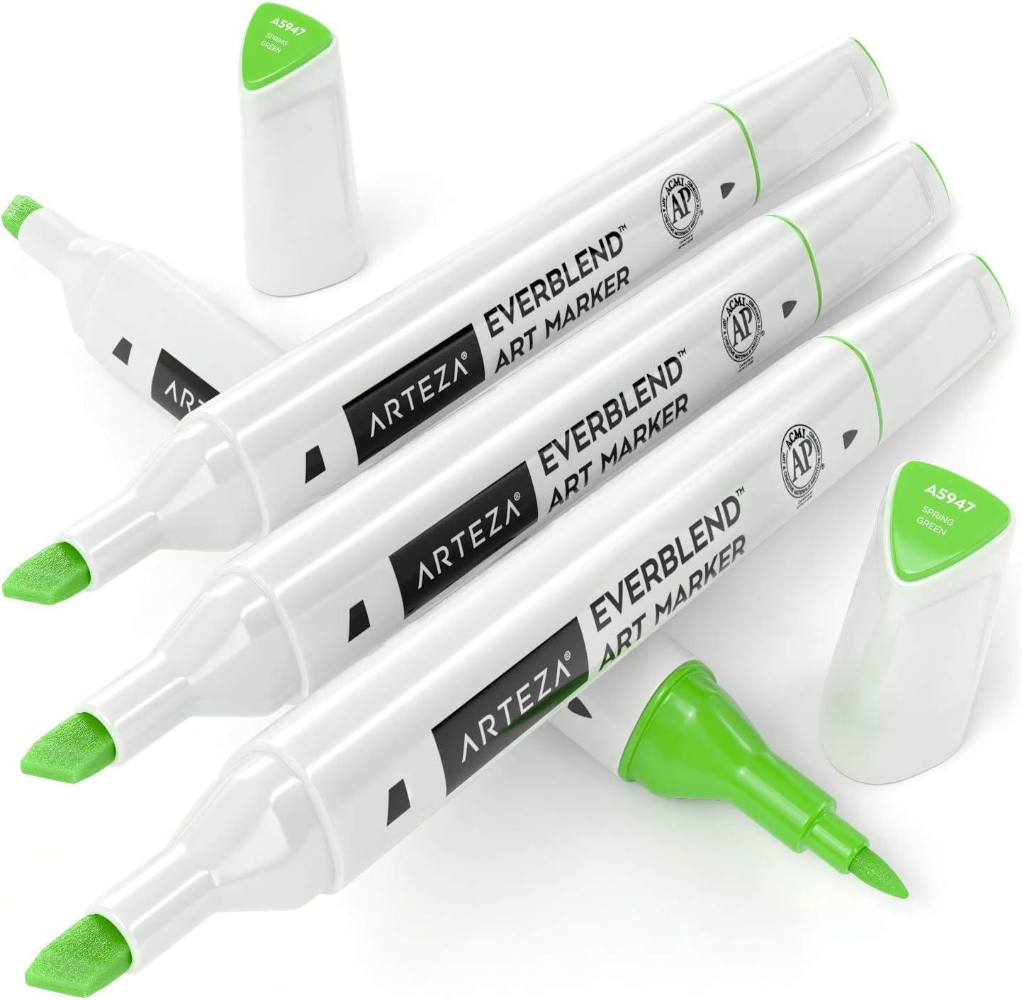 imageArteza EverBlend Art Markers Fluorescent Coral A302 Set of 4 Alcohol Based Sketch Markers with Dual Tips Fine and Broad Chisel for Painting Coloring Sketching and DrawingSpring Green A5947 Set of 4