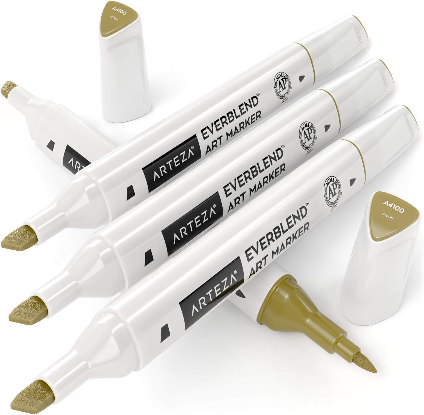 imageArteza EverBlend Art Markers Fluorescent Coral A302 Set of 4 Alcohol Based Sketch Markers with Dual Tips Fine and Broad Chisel for Painting Coloring Sketching and DrawingKhaki A4100 Set of 4