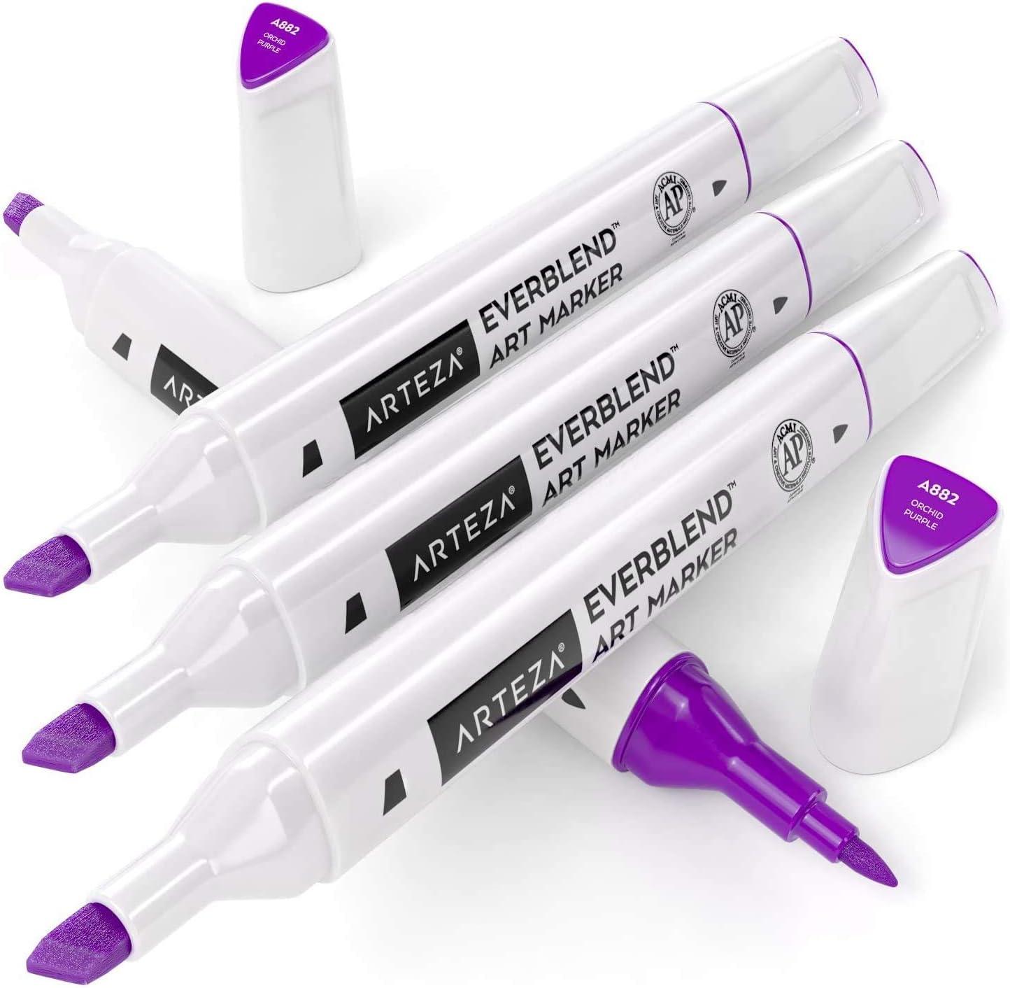 imageArteza EverBlend Art Markers Fluorescent Coral A302 Set of 4 Alcohol Based Sketch Markers with Dual Tips Fine and Broad Chisel for Painting Coloring Sketching and DrawingOrchid Purple A882 Set of 4