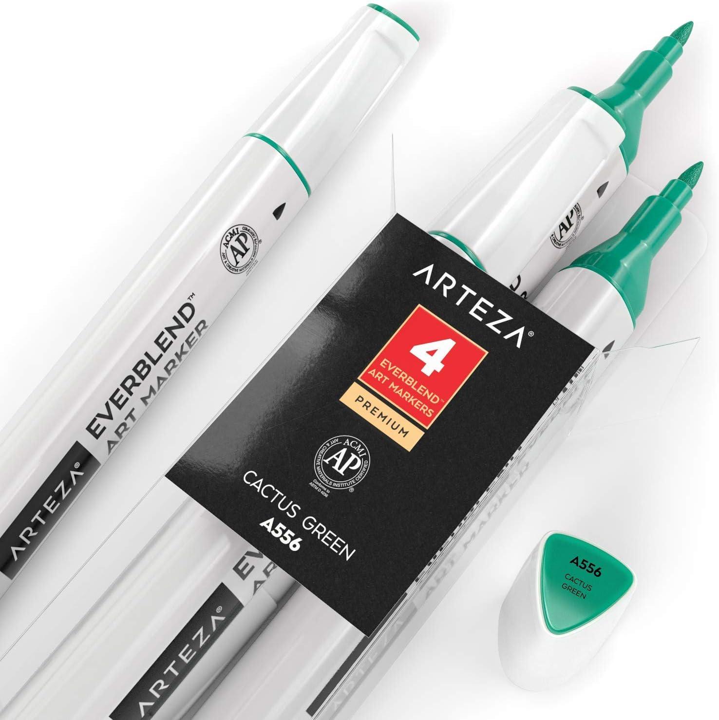 imageArteza EverBlend Art Markers Fluorescent Coral A302 Set of 4 Alcohol Based Sketch Markers with Dual Tips Fine and Broad Chisel for Painting Coloring Sketching and DrawingCactus Green A556 Set of 4