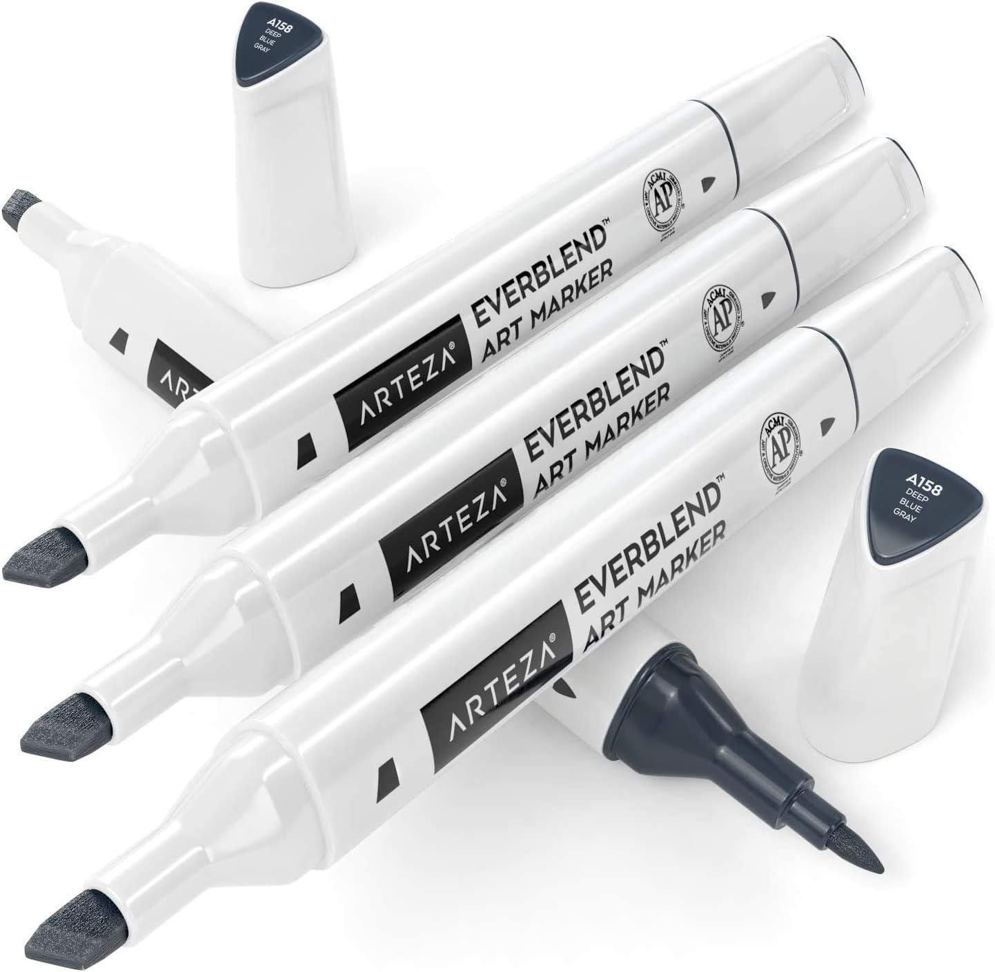 imageArteza EverBlend Art Markers Fluorescent Coral A302 Set of 4 Alcohol Based Sketch Markers with Dual Tips Fine and Broad Chisel for Painting Coloring Sketching and DrawingDeep Blue Gray A158 Set of 4