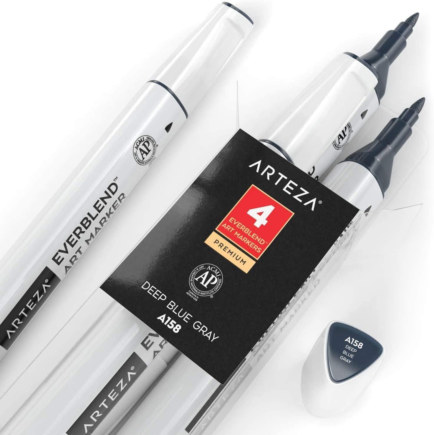 imageArteza EverBlend Art Markers Fluorescent Coral A302 Set of 4 Alcohol Based Sketch Markers with Dual Tips Fine and Broad Chisel for Painting Coloring Sketching and DrawingDeep Blue Gray A158 Set of 4