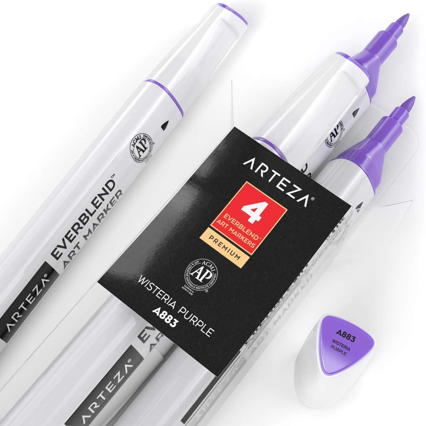 imageArteza EverBlend Art Markers Fluorescent Coral A302 Set of 4 Alcohol Based Sketch Markers with Dual Tips Fine and Broad Chisel for Painting Coloring Sketching and DrawingWisteria Purple A883 Set of 4
