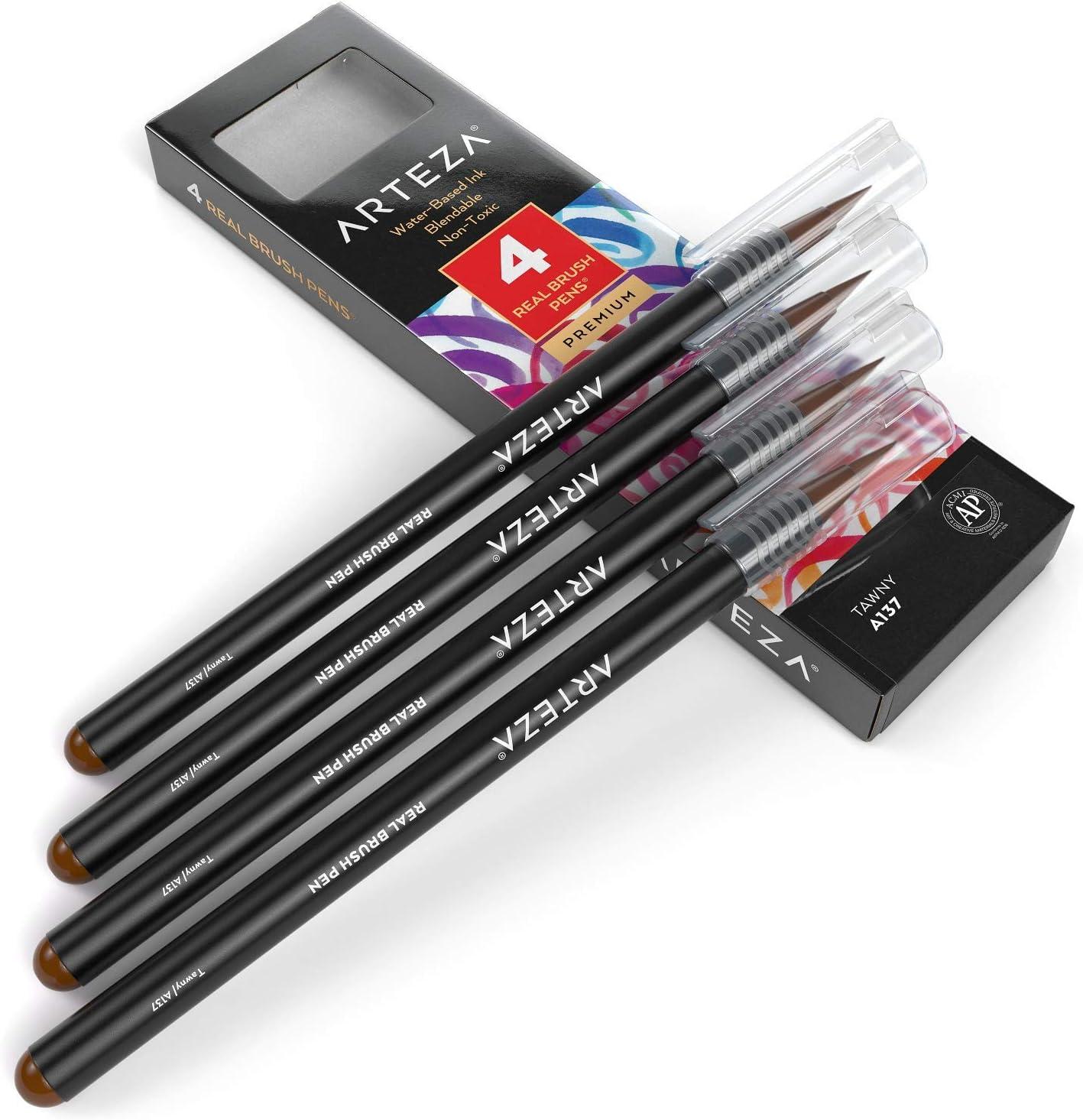 imageArteza Real Brush Pens A152 Acid Green Pack of 4 Watercolor Pens with Nylon Brush Tips Art Supplies for DryBrush Painting Sketching Coloring amp CalligraphyA137 Tawny