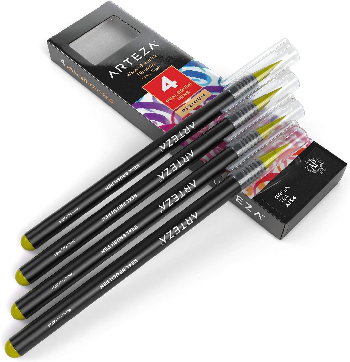 imageArteza Real Brush Pens A152 Acid Green Pack of 4 Watercolor Pens with Nylon Brush Tips Art Supplies for DryBrush Painting Sketching Coloring amp CalligraphyA154 Green Tea