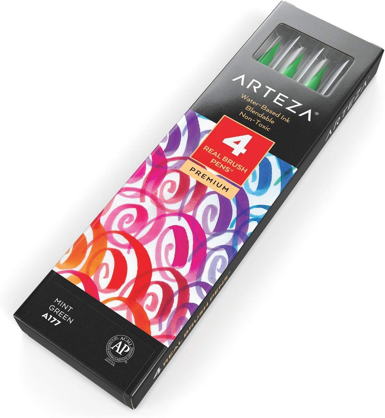 imageArteza Real Brush Pens A152 Acid Green Pack of 4 Watercolor Pens with Nylon Brush Tips Art Supplies for DryBrush Painting Sketching Coloring amp CalligraphyA177 Mint Green