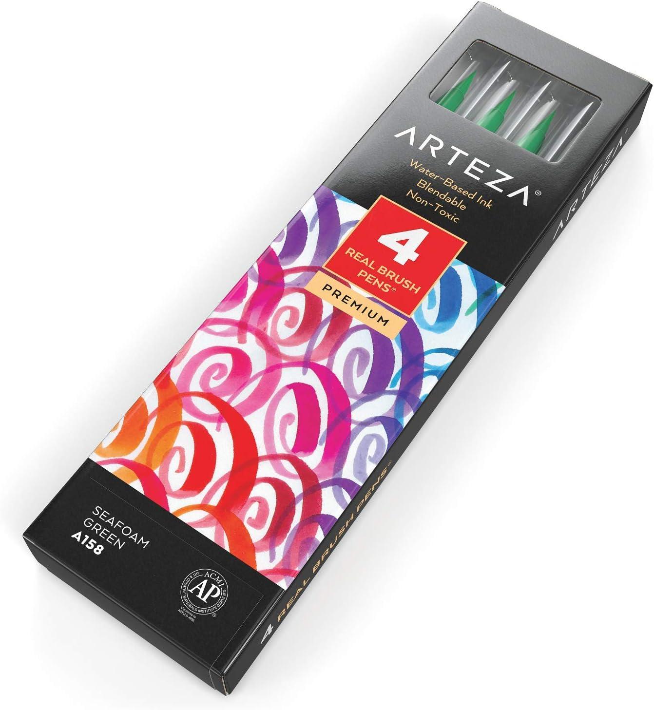 imageArteza Real Brush Pens A152 Acid Green Pack of 4 Watercolor Pens with Nylon Brush Tips Art Supplies for DryBrush Painting Sketching Coloring amp CalligraphyA158 Seafoam Green