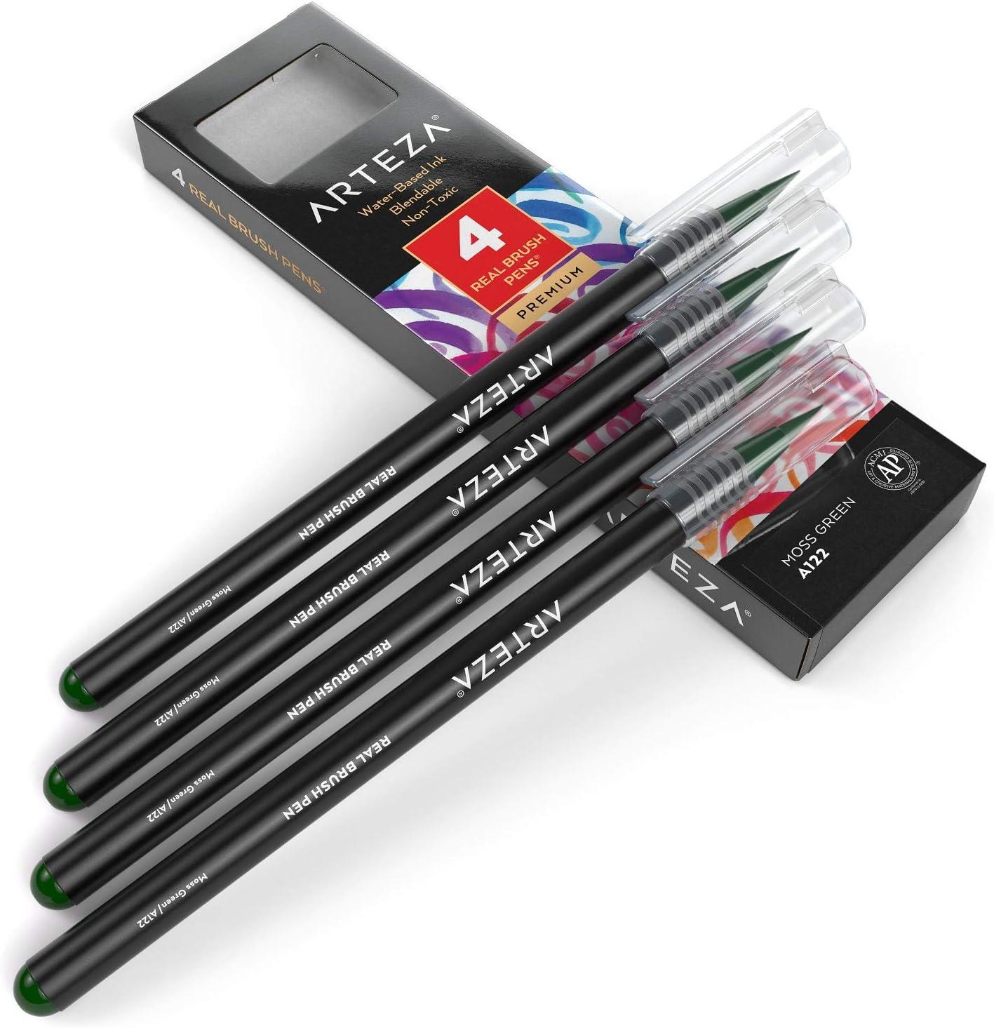 imageArteza Real Brush Pens A152 Acid Green Pack of 4 Watercolor Pens with Nylon Brush Tips Art Supplies for DryBrush Painting Sketching Coloring amp CalligraphyA122 Moss Green