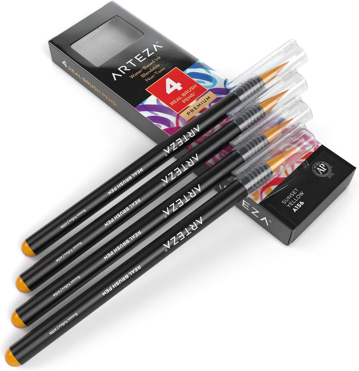 imageArteza Real Brush Pens A152 Acid Green Pack of 4 Watercolor Pens with Nylon Brush Tips Art Supplies for DryBrush Painting Sketching Coloring amp CalligraphyA156 Sunset Yellow