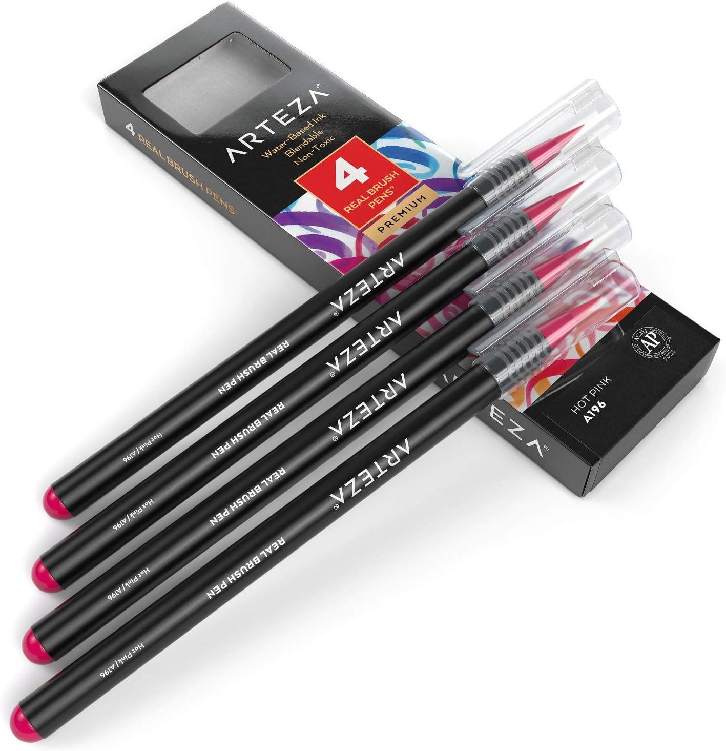 imageArteza Real Brush Pens A152 Acid Green Pack of 4 Watercolor Pens with Nylon Brush Tips Art Supplies for DryBrush Painting Sketching Coloring amp CalligraphyA196 Hot Pink
