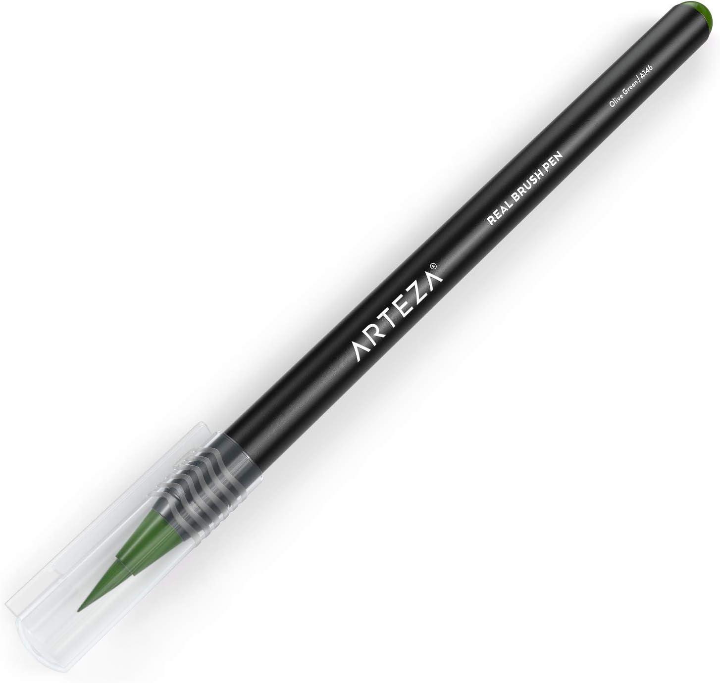 imageArteza Real Brush Pens A152 Acid Green Pack of 4 Watercolor Pens with Nylon Brush Tips Art Supplies for DryBrush Painting Sketching Coloring amp CalligraphyA146 Olive Green