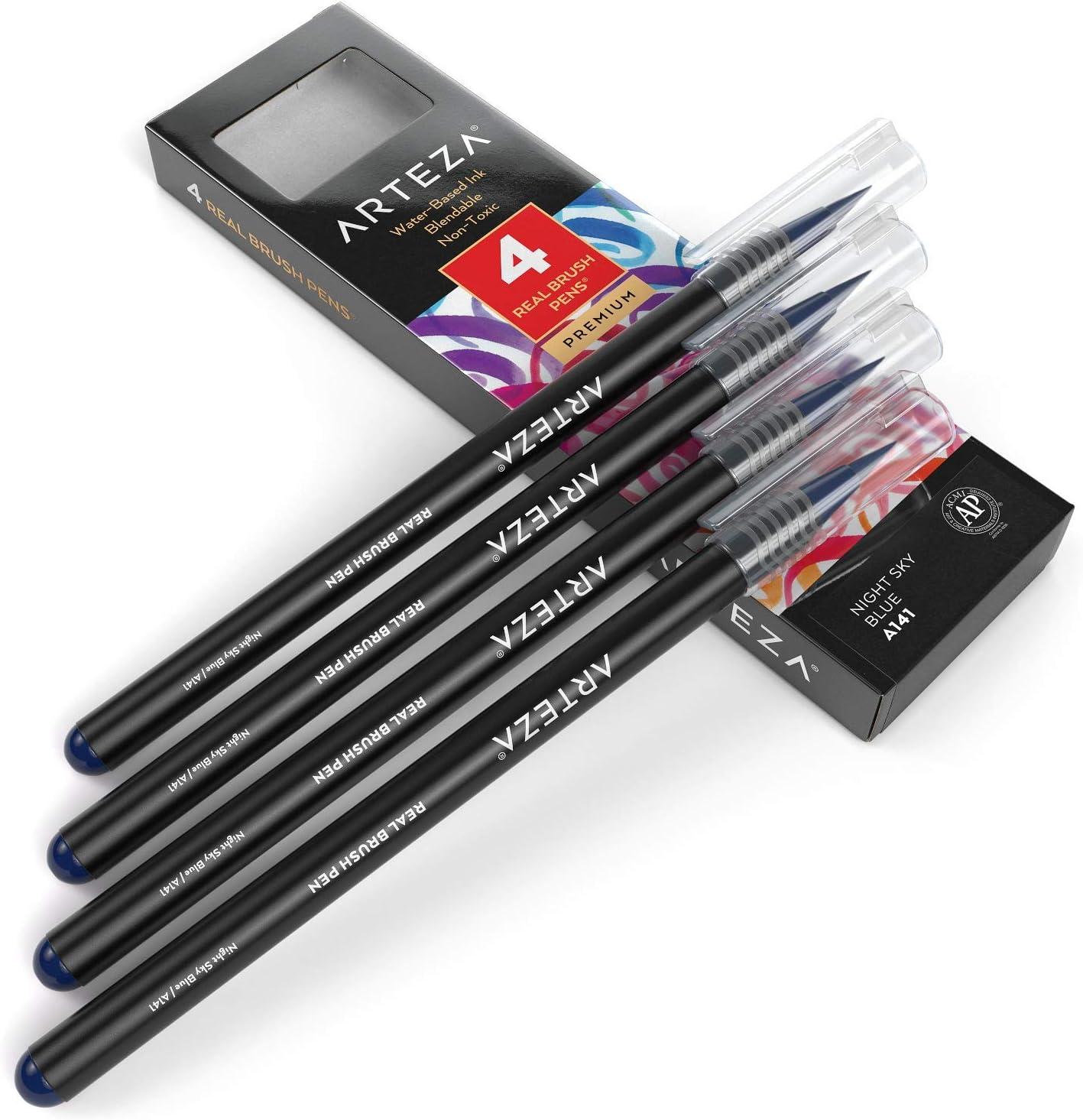 imageArteza Real Brush Pens A152 Acid Green Pack of 4 Watercolor Pens with Nylon Brush Tips Art Supplies for DryBrush Painting Sketching Coloring amp CalligraphyA141 Night Sky Blue