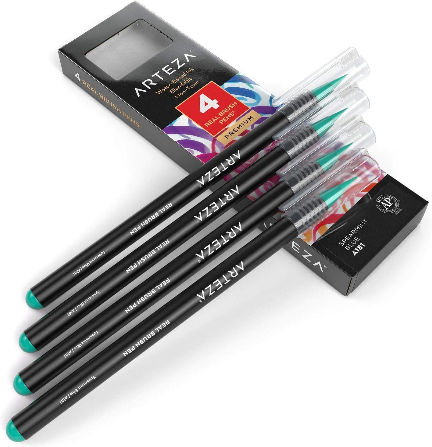 imageArteza Real Brush Pens A152 Acid Green Pack of 4 Watercolor Pens with Nylon Brush Tips Art Supplies for DryBrush Painting Sketching Coloring amp CalligraphyA181 Spearmint Blue