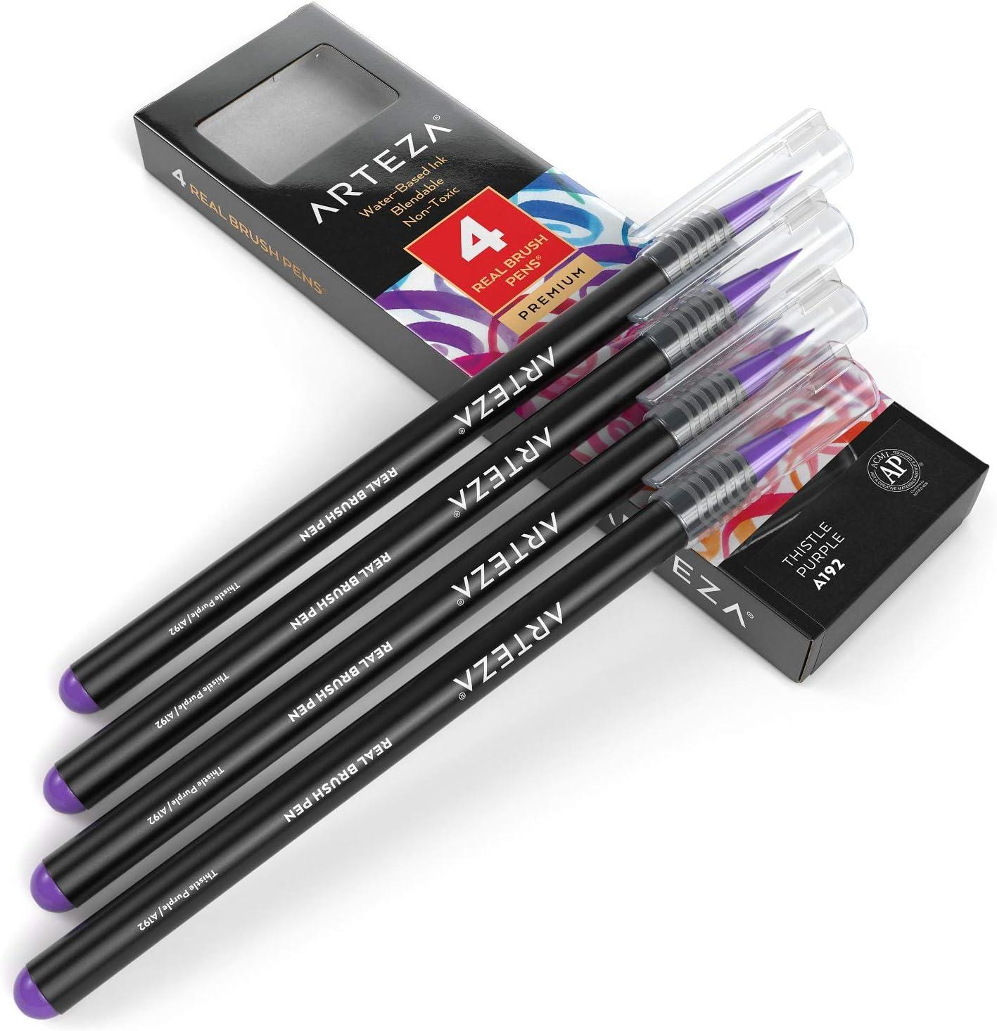 imageArteza Real Brush Pens A152 Acid Green Pack of 4 Watercolor Pens with Nylon Brush Tips Art Supplies for DryBrush Painting Sketching Coloring amp CalligraphyA192 Thistle Purple