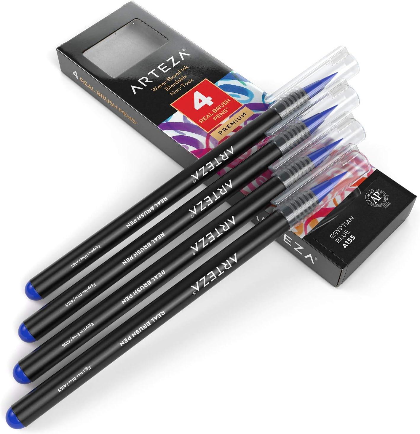 imageArteza Real Brush Pens A152 Acid Green Pack of 4 Watercolor Pens with Nylon Brush Tips Art Supplies for DryBrush Painting Sketching Coloring amp CalligraphyA155 Egyptian Blue