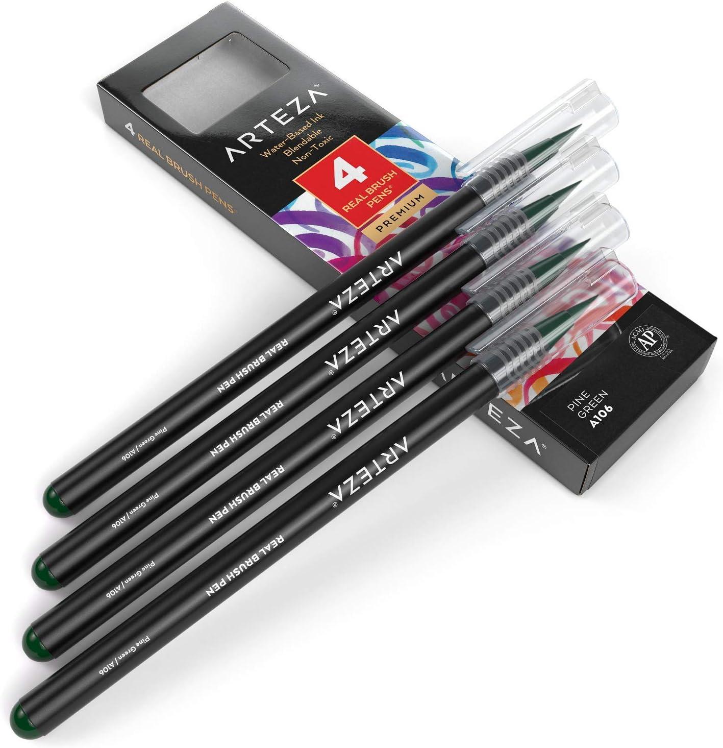 imageArteza Real Brush Pens A152 Acid Green Pack of 4 Watercolor Pens with Nylon Brush Tips Art Supplies for DryBrush Painting Sketching Coloring amp CalligraphyA106 Pine Green