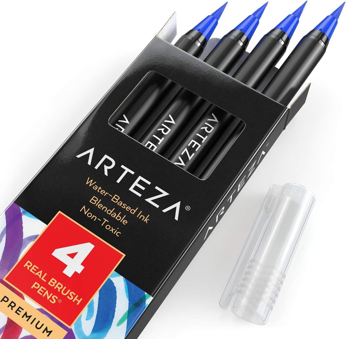imageArteza Real Brush Pens A152 Acid Green Pack of 4 Watercolor Pens with Nylon Brush Tips Art Supplies for DryBrush Painting Sketching Coloring amp CalligraphyA166 Carolina Blue