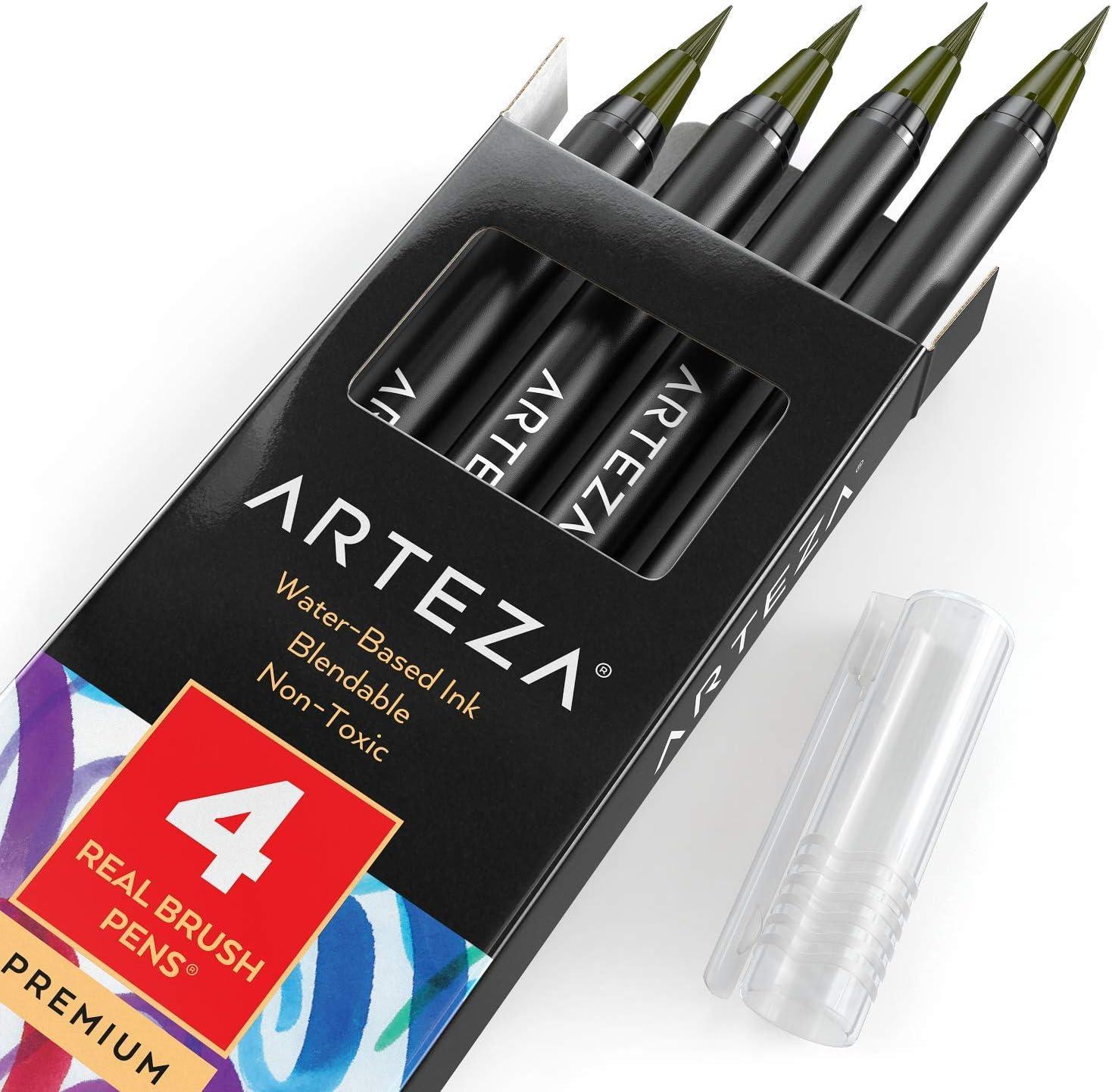 imageArteza Real Brush Pens A152 Acid Green Pack of 4 Watercolor Pens with Nylon Brush Tips Art Supplies for DryBrush Painting Sketching Coloring amp CalligraphyA126 Crocodile Green