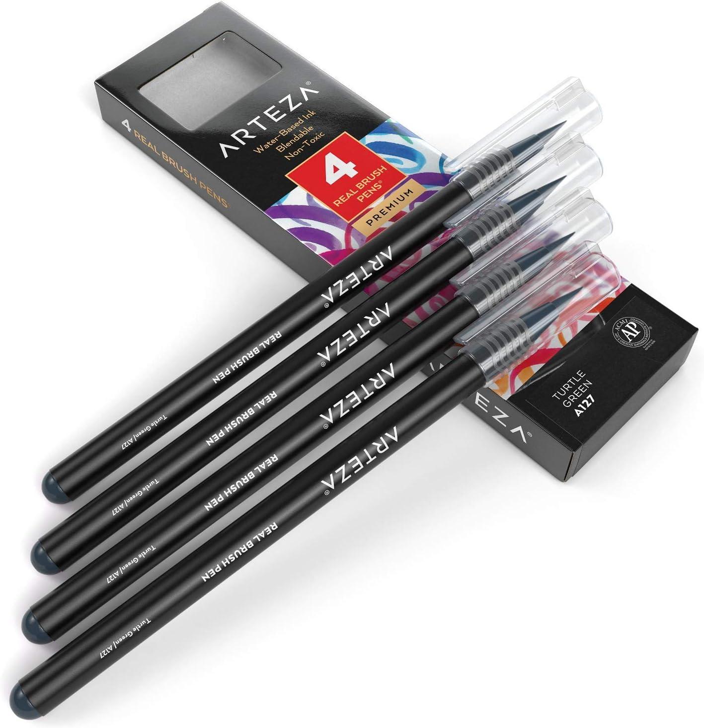 imageArteza Real Brush Pens A152 Acid Green Pack of 4 Watercolor Pens with Nylon Brush Tips Art Supplies for DryBrush Painting Sketching Coloring amp CalligraphyA127 Turtle Green