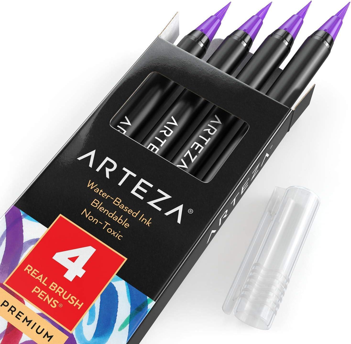 imageArteza Real Brush Pens A152 Acid Green Pack of 4 Watercolor Pens with Nylon Brush Tips Art Supplies for DryBrush Painting Sketching Coloring amp CalligraphyA192 Thistle Purple