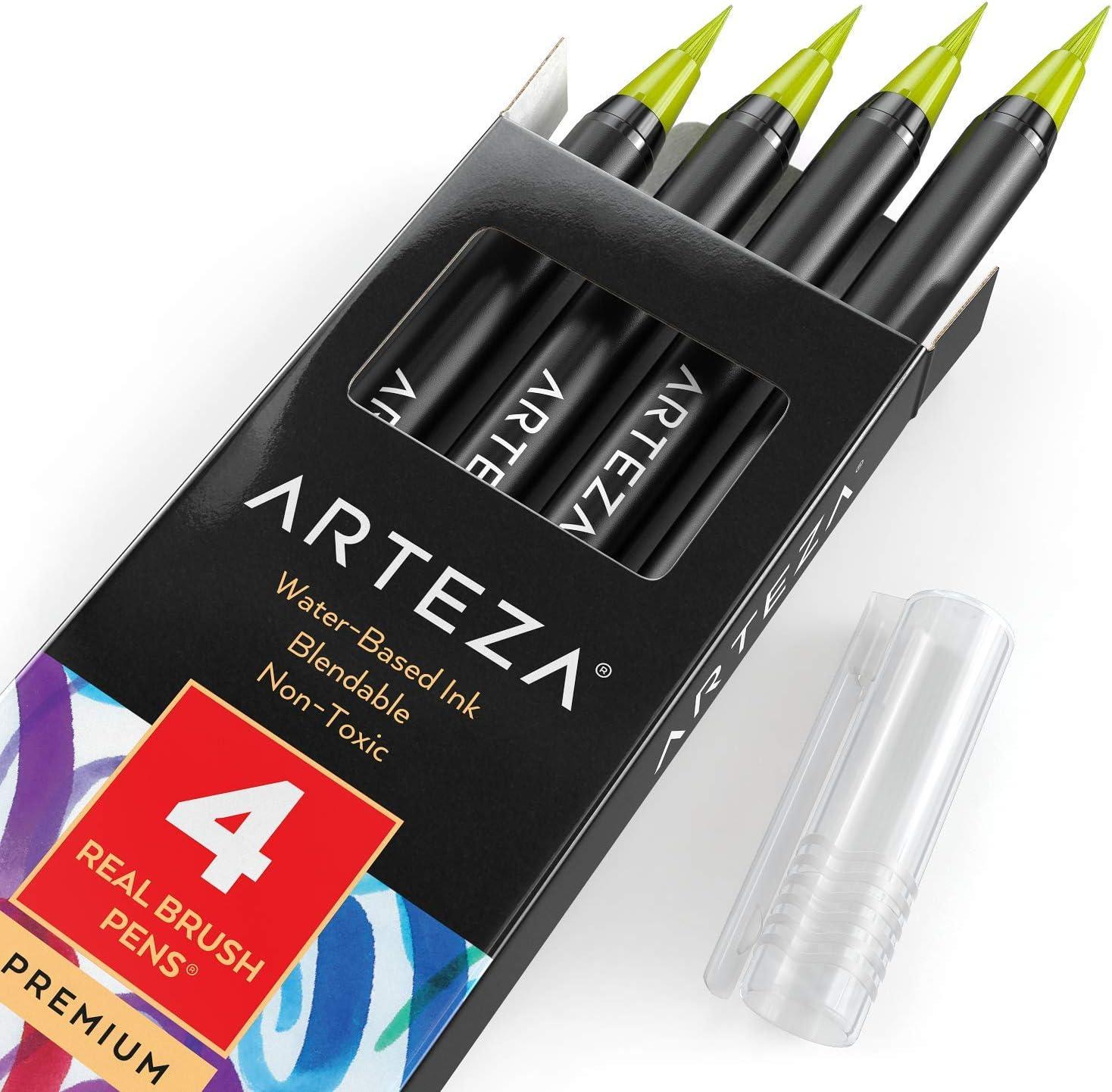 imageArteza Real Brush Pens A152 Acid Green Pack of 4 Watercolor Pens with Nylon Brush Tips Art Supplies for DryBrush Painting Sketching Coloring amp CalligraphyA152 Acid Green