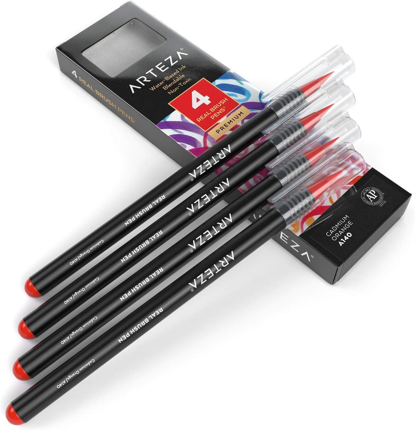 imageArteza Real Brush Pens A152 Acid Green Pack of 4 Watercolor Pens with Nylon Brush Tips Art Supplies for DryBrush Painting Sketching Coloring amp CalligraphyA140 Cadmium Orange