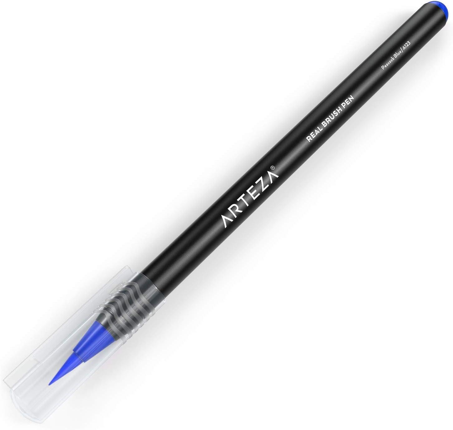 imageArteza Real Brush Pens A152 Acid Green Pack of 4 Watercolor Pens with Nylon Brush Tips Art Supplies for DryBrush Painting Sketching Coloring amp CalligraphyA123 Peacock Blue