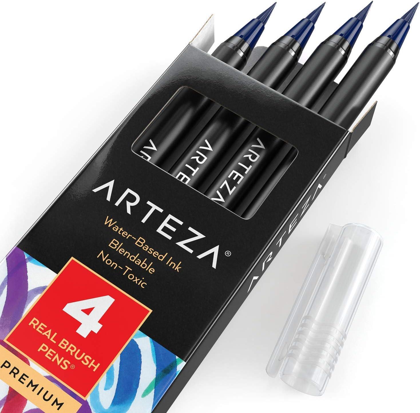 imageArteza Real Brush Pens A152 Acid Green Pack of 4 Watercolor Pens with Nylon Brush Tips Art Supplies for DryBrush Painting Sketching Coloring amp CalligraphyA141 Night Sky Blue