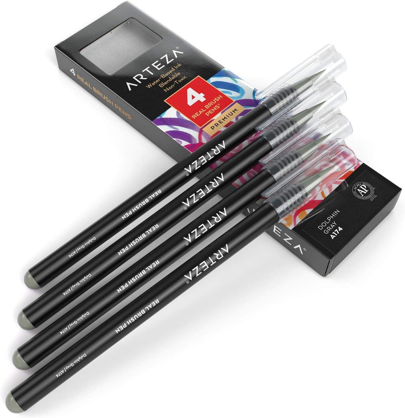 imageArteza Real Brush Pens A152 Acid Green Pack of 4 Watercolor Pens with Nylon Brush Tips Art Supplies for DryBrush Painting Sketching Coloring amp CalligraphyA174 Dolphin Gray