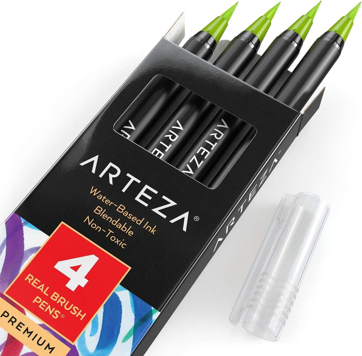 imageArteza Real Brush Pens A152 Acid Green Pack of 4 Watercolor Pens with Nylon Brush Tips Art Supplies for DryBrush Painting Sketching Coloring amp CalligraphyA153 Bright Green
