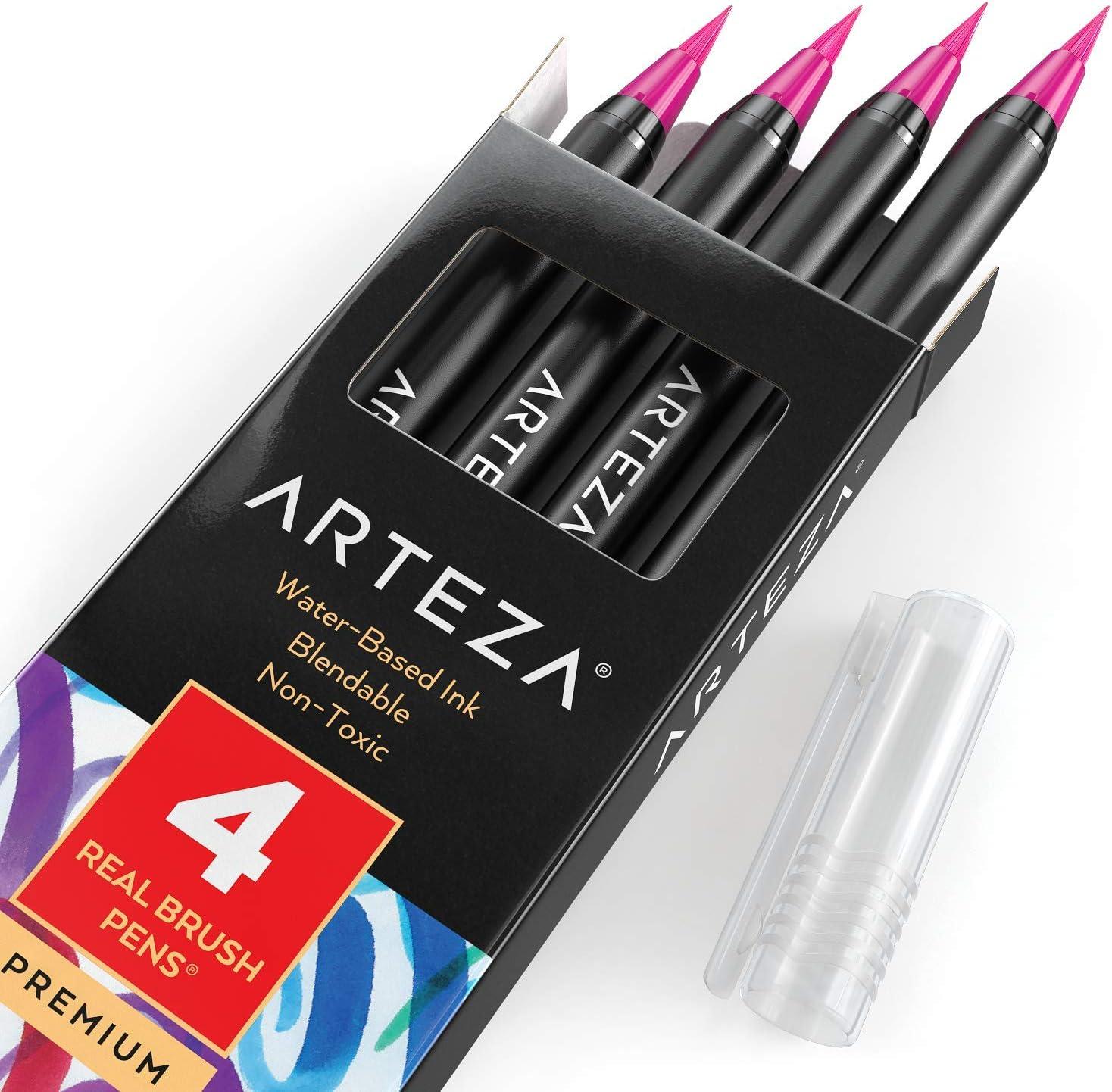 imageArteza Real Brush Pens A152 Acid Green Pack of 4 Watercolor Pens with Nylon Brush Tips Art Supplies for DryBrush Painting Sketching Coloring amp CalligraphyA129 Fuchsia