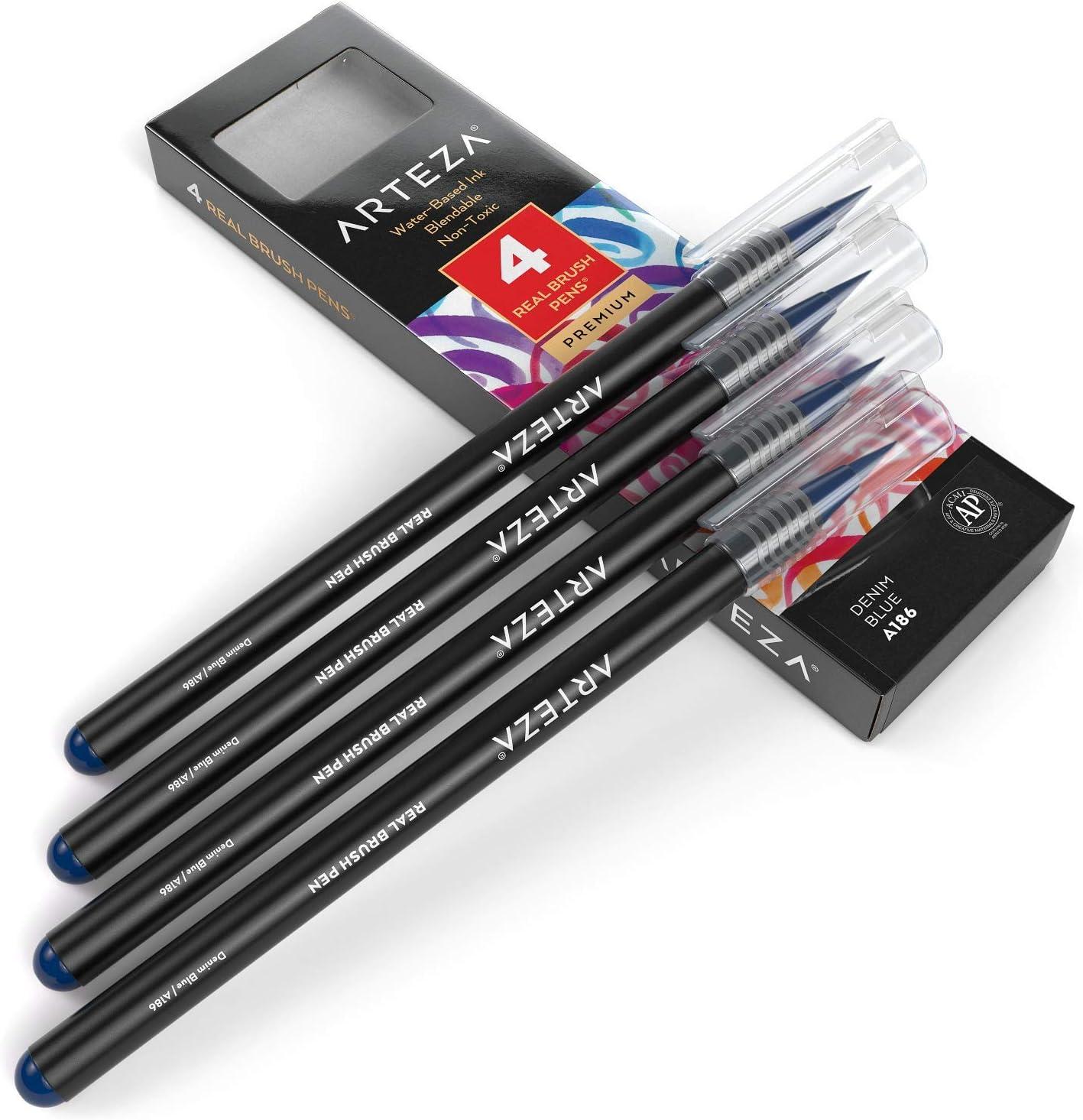 imageArteza Real Brush Pens A152 Acid Green Pack of 4 Watercolor Pens with Nylon Brush Tips Art Supplies for DryBrush Painting Sketching Coloring amp CalligraphyA186 Denim Blue