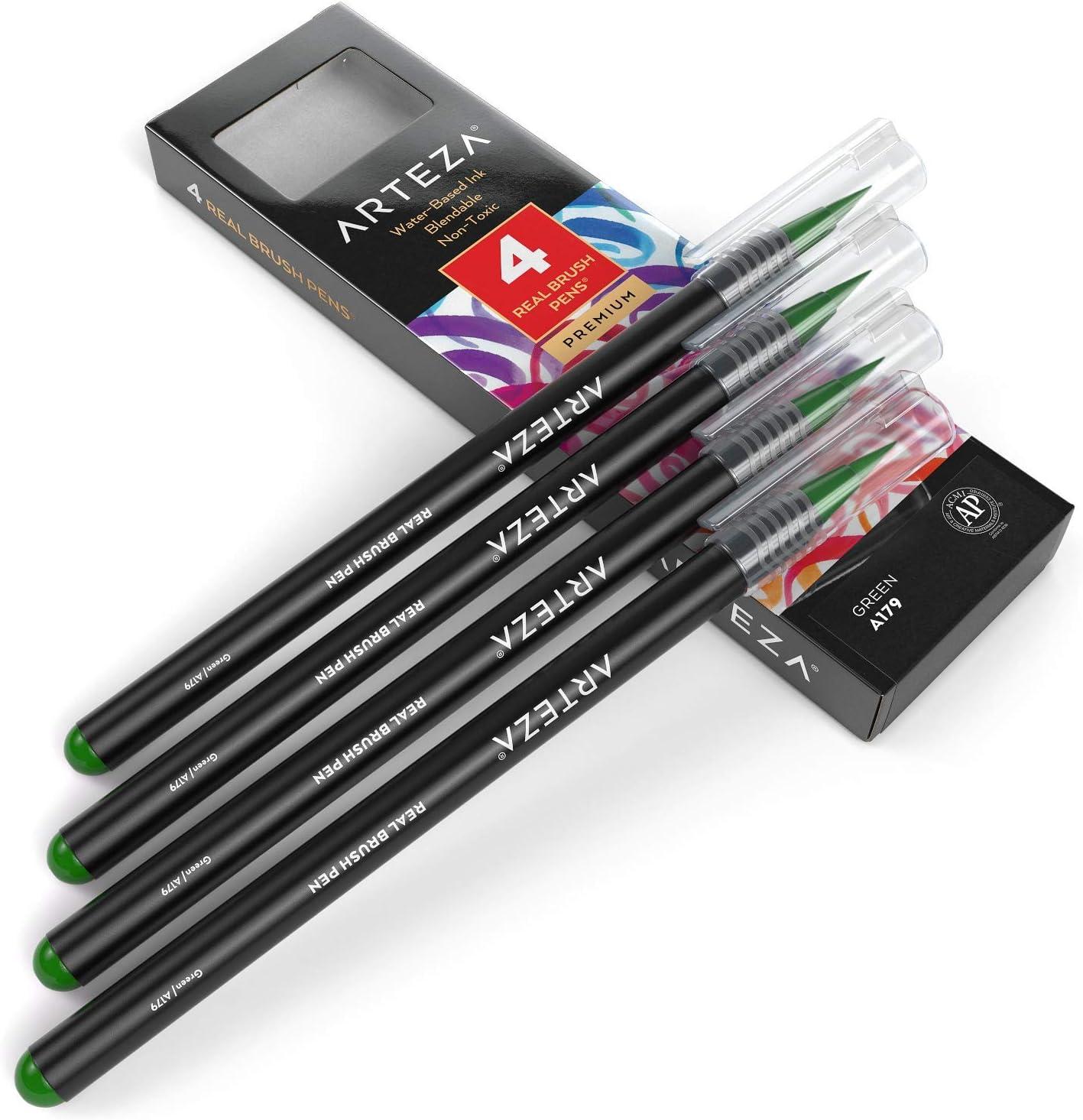 imageArteza Real Brush Pens A152 Acid Green Pack of 4 Watercolor Pens with Nylon Brush Tips Art Supplies for DryBrush Painting Sketching Coloring amp CalligraphyA179 Green