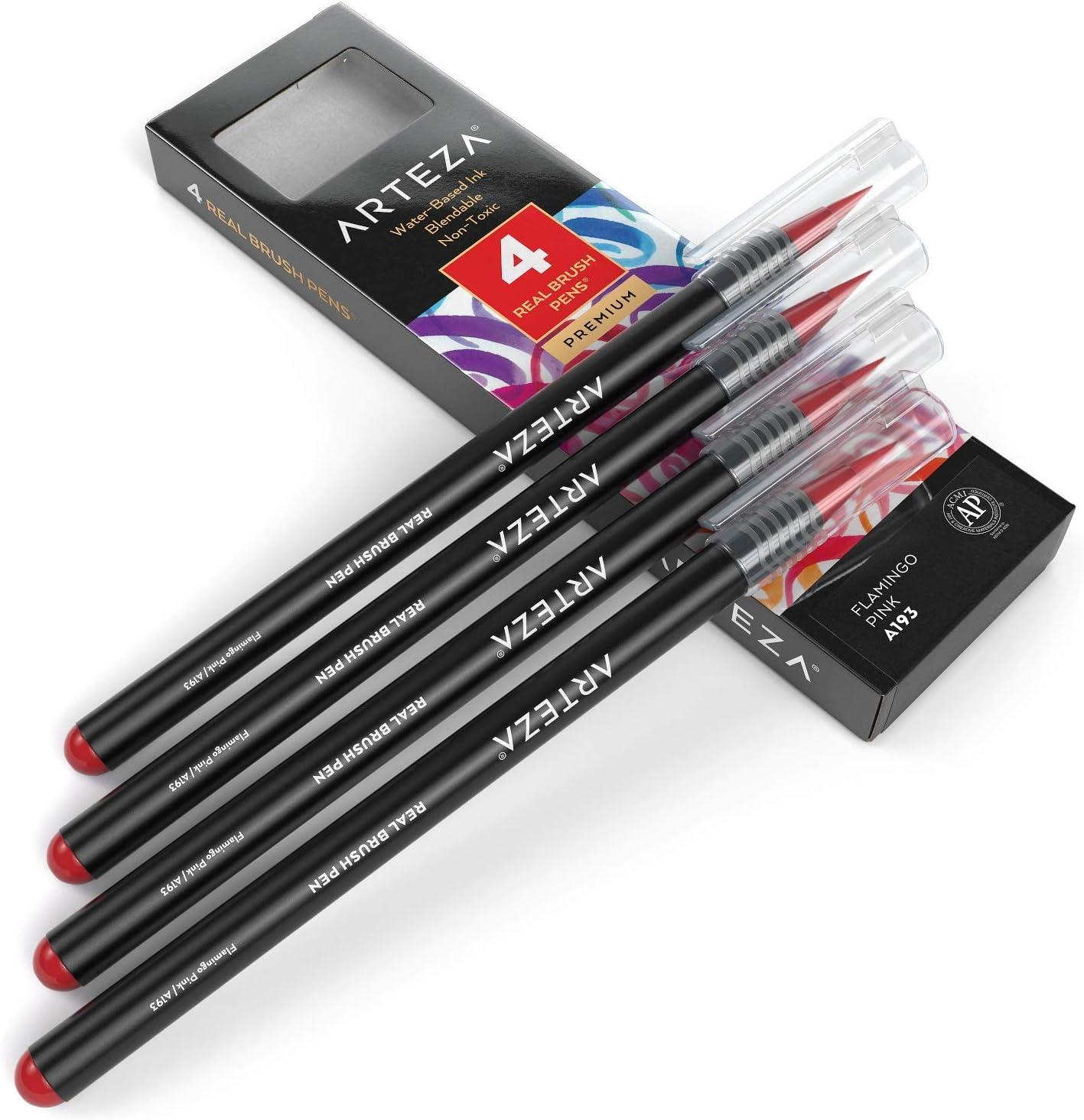 imageArteza Real Brush Pens A152 Acid Green Pack of 4 Watercolor Pens with Nylon Brush Tips Art Supplies for DryBrush Painting Sketching Coloring amp CalligraphyA193 Flamingo Pink