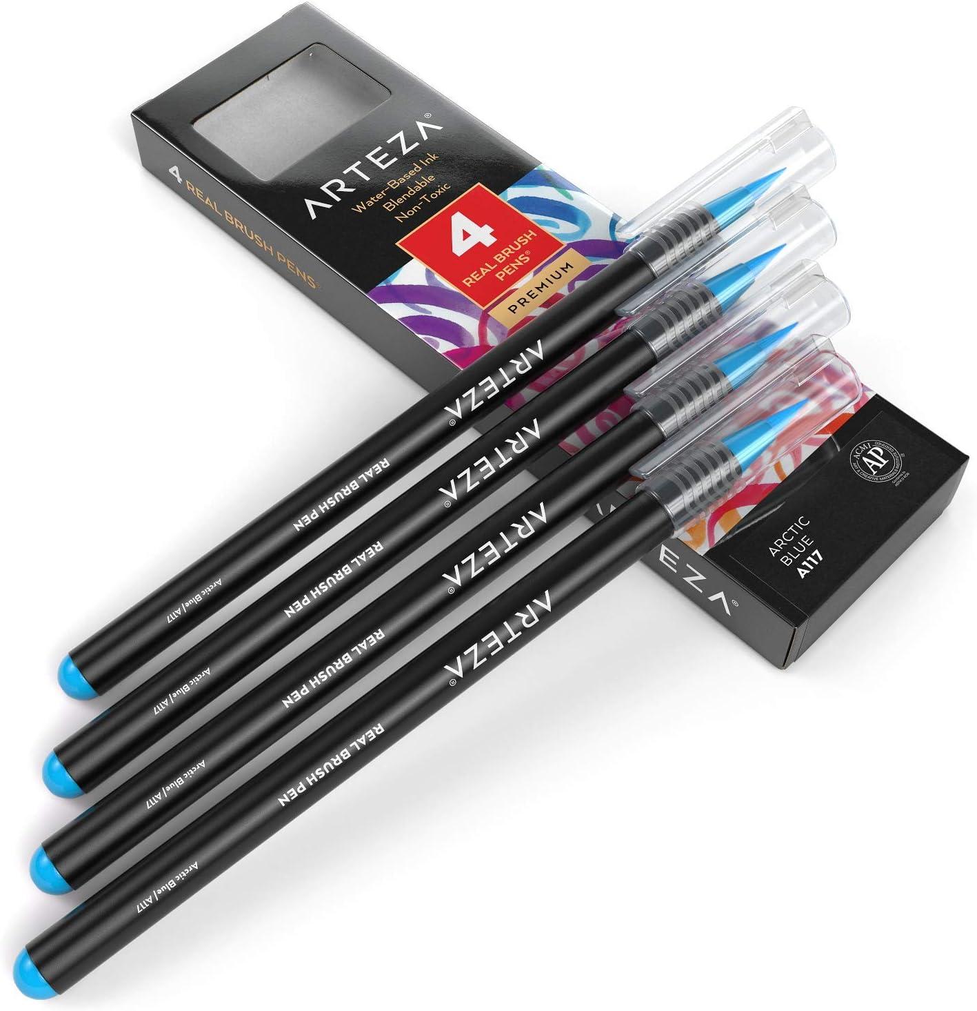 imageArteza Real Brush Pens A152 Acid Green Pack of 4 Watercolor Pens with Nylon Brush Tips Art Supplies for DryBrush Painting Sketching Coloring amp CalligraphyA117 Arctic Blue