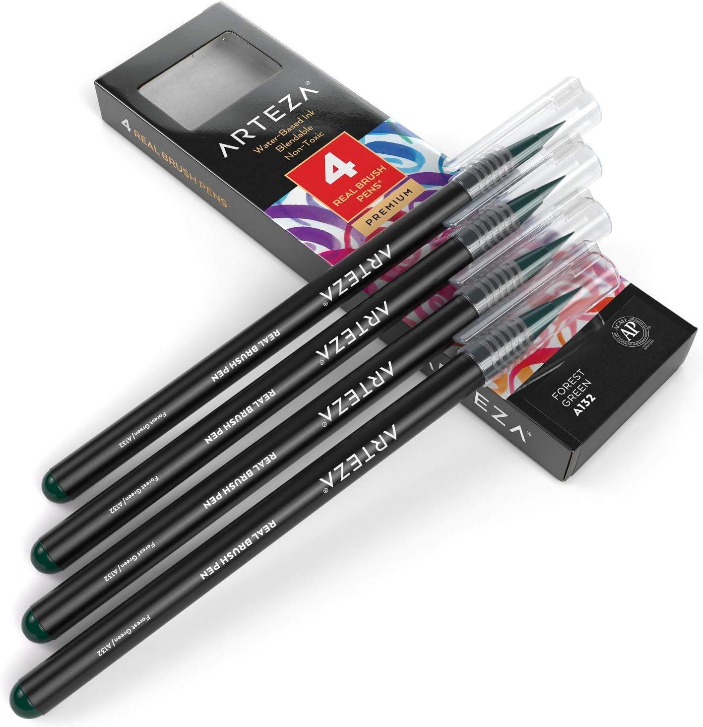 imageArteza Real Brush Pens A152 Acid Green Pack of 4 Watercolor Pens with Nylon Brush Tips Art Supplies for DryBrush Painting Sketching Coloring amp CalligraphyA132 Forest Green