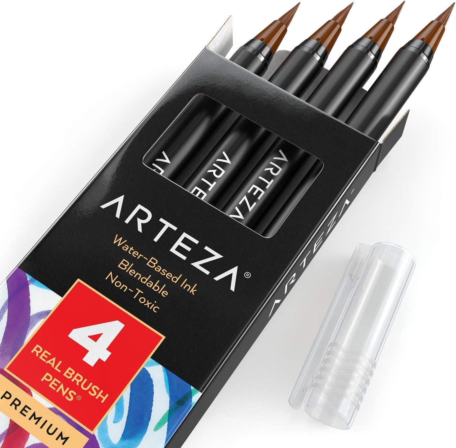 imageArteza Real Brush Pens A152 Acid Green Pack of 4 Watercolor Pens with Nylon Brush Tips Art Supplies for DryBrush Painting Sketching Coloring amp CalligraphyA137 Tawny