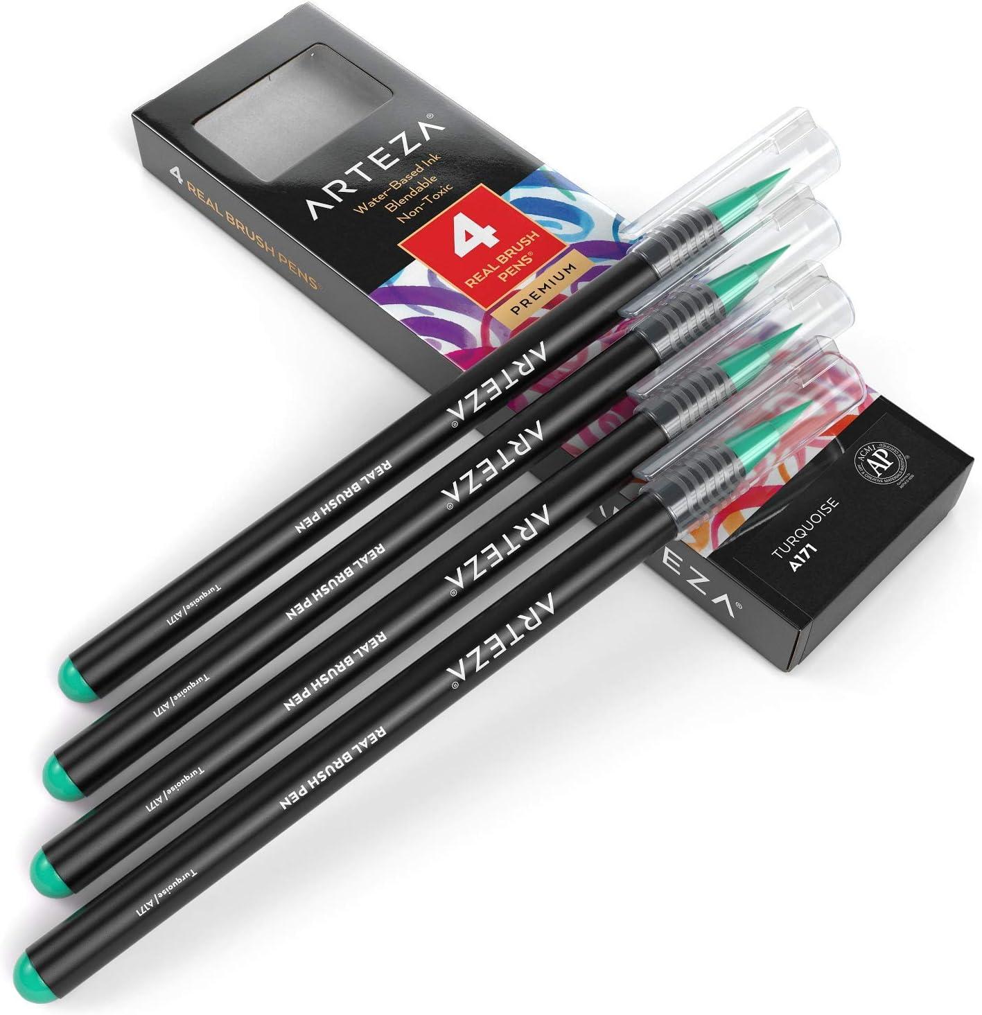 imageArteza Real Brush Pens A152 Acid Green Pack of 4 Watercolor Pens with Nylon Brush Tips Art Supplies for DryBrush Painting Sketching Coloring amp CalligraphyA171 Turquoise