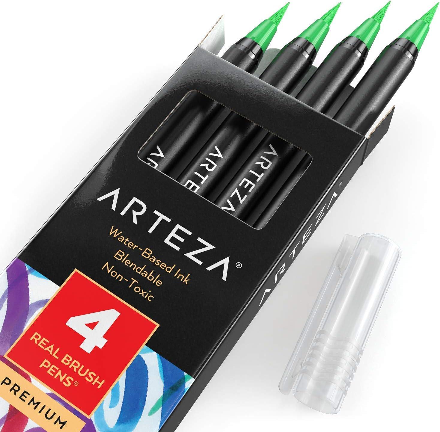 imageArteza Real Brush Pens A152 Acid Green Pack of 4 Watercolor Pens with Nylon Brush Tips Art Supplies for DryBrush Painting Sketching Coloring amp CalligraphyA177 Mint Green