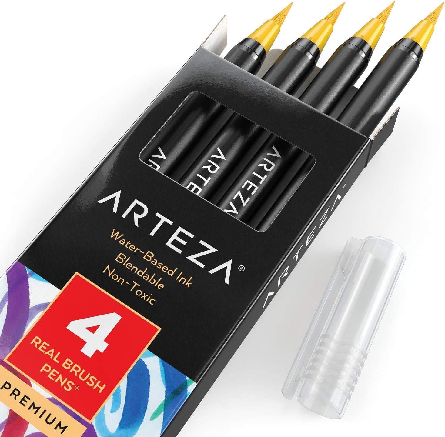 imageArteza Real Brush Pens A152 Acid Green Pack of 4 Watercolor Pens with Nylon Brush Tips Art Supplies for DryBrush Painting Sketching Coloring amp CalligraphyA128 Bumblebee Yellow