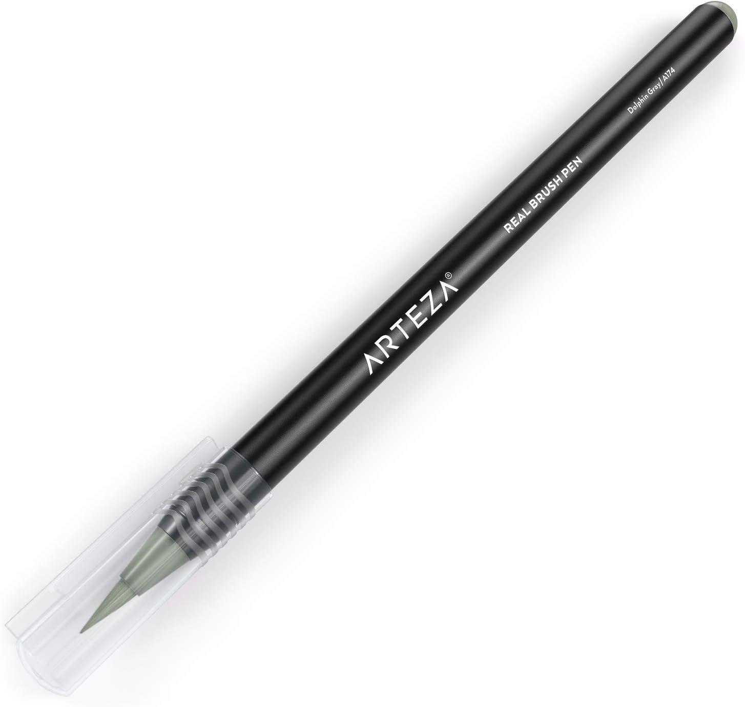 imageArteza Real Brush Pens A152 Acid Green Pack of 4 Watercolor Pens with Nylon Brush Tips Art Supplies for DryBrush Painting Sketching Coloring amp CalligraphyA174 Dolphin Gray