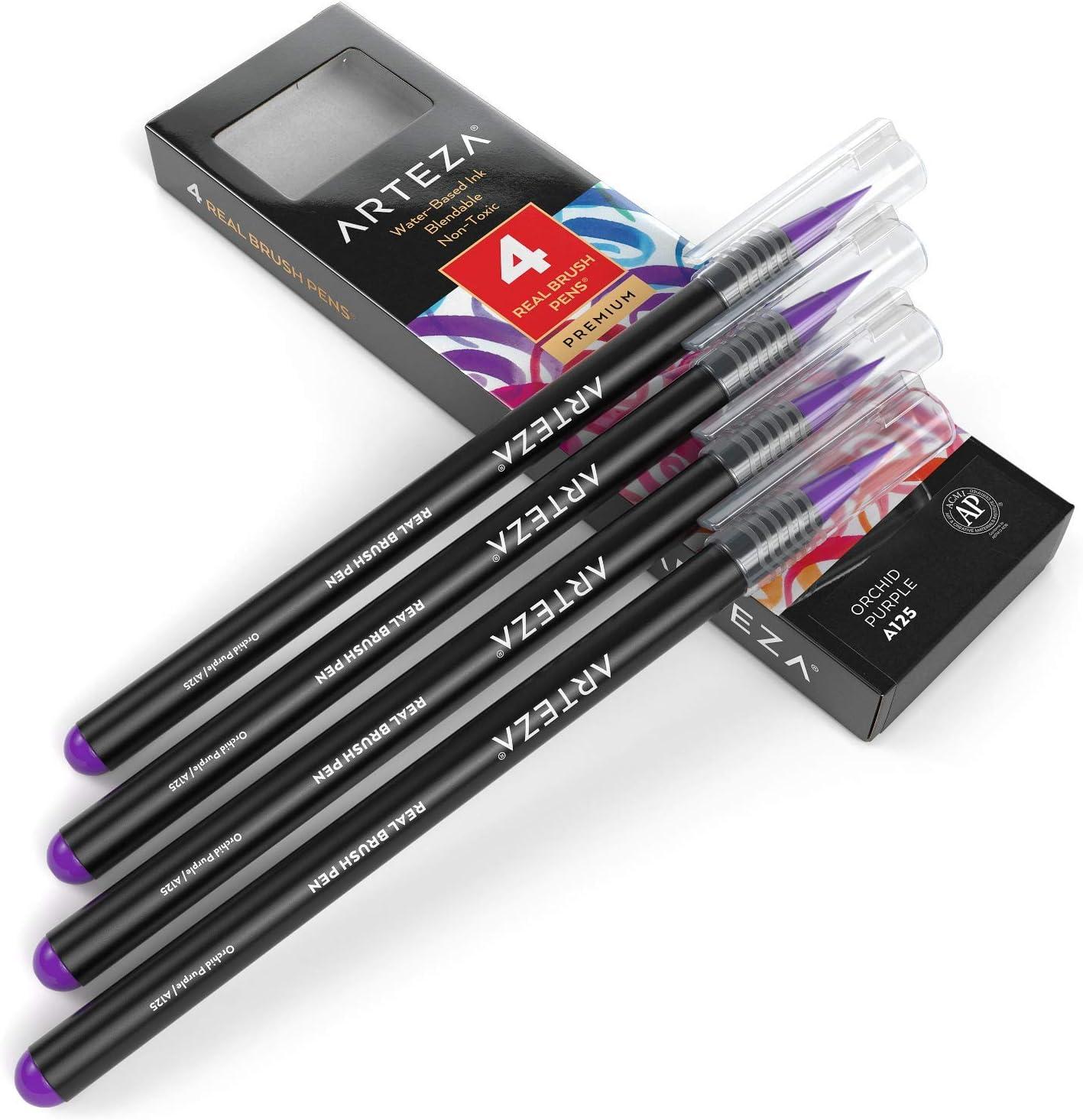imageArteza Real Brush Pens A152 Acid Green Pack of 4 Watercolor Pens with Nylon Brush Tips Art Supplies for DryBrush Painting Sketching Coloring amp CalligraphyA125 Orchid Purple