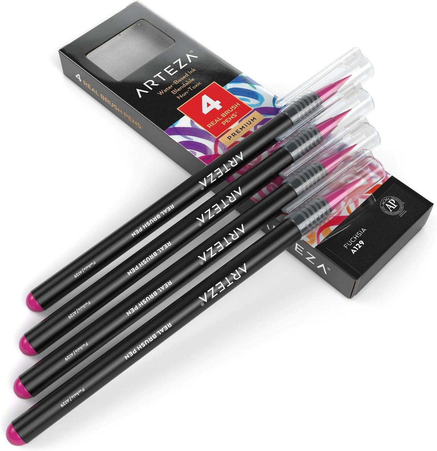 imageArteza Real Brush Pens A152 Acid Green Pack of 4 Watercolor Pens with Nylon Brush Tips Art Supplies for DryBrush Painting Sketching Coloring amp CalligraphyA129 Fuchsia
