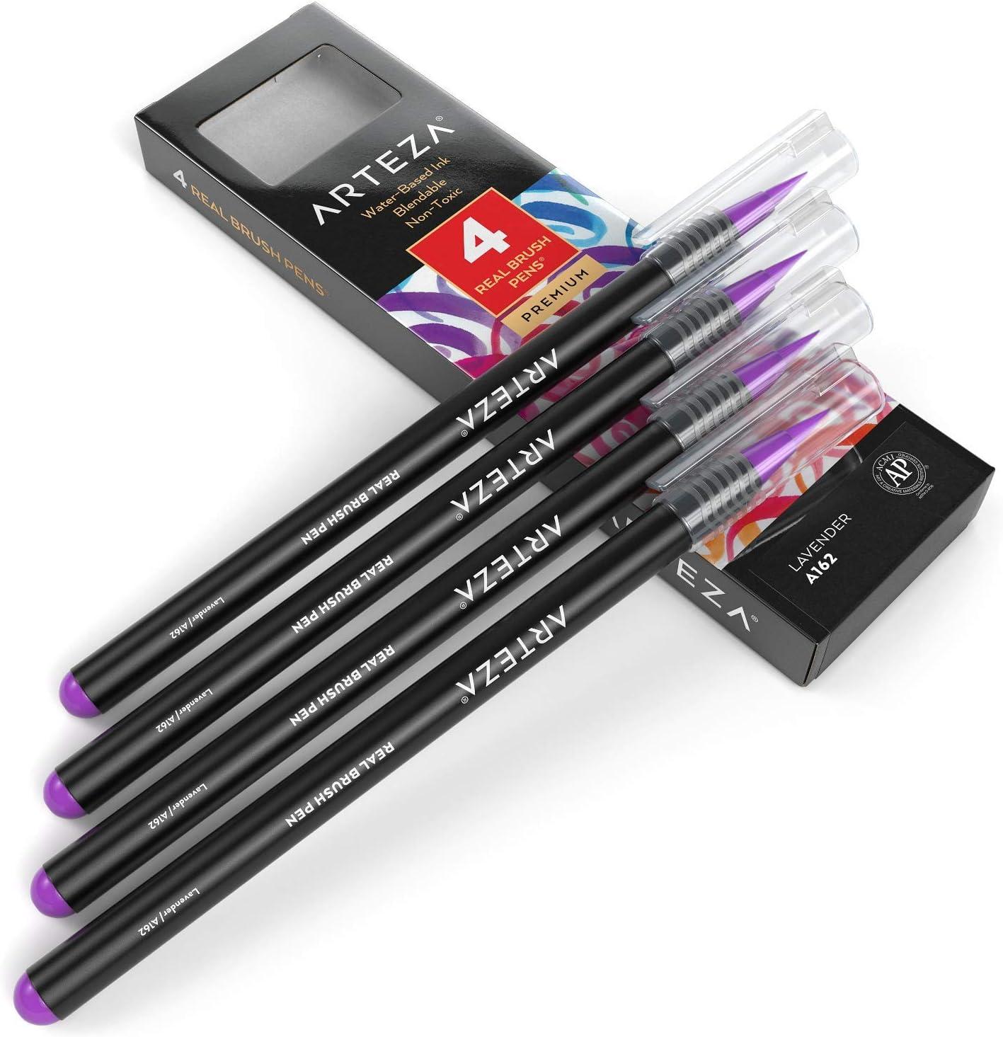 imageArteza Real Brush Pens A152 Acid Green Pack of 4 Watercolor Pens with Nylon Brush Tips Art Supplies for DryBrush Painting Sketching Coloring amp CalligraphyA162 Lavender